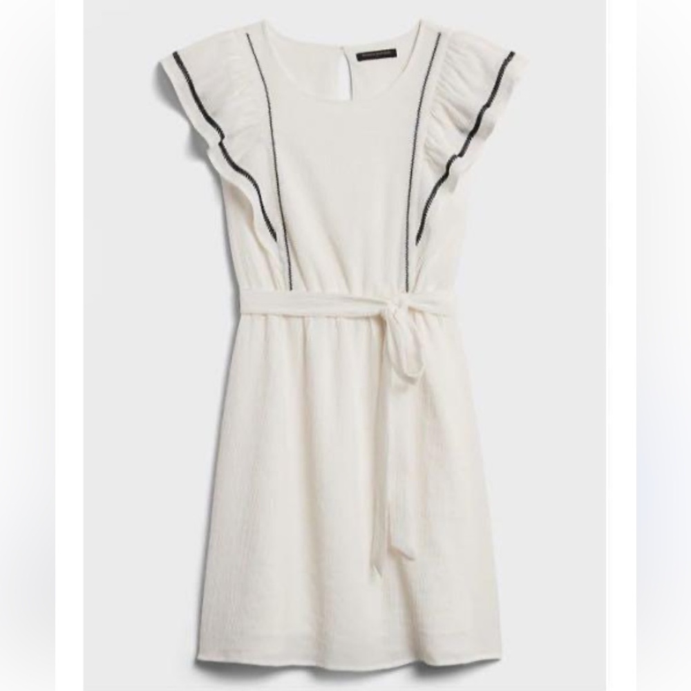Banana Republic White Mini Dress Black Trim Ruffle Sleeve Tie Waist Size M - Picture 2 of 6